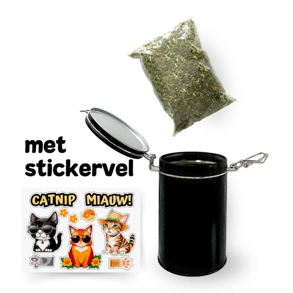 Blikken doos met catnip kruiden en stickervel.