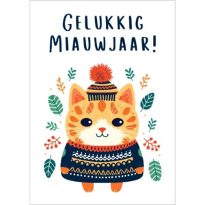 Getekende kerstkaart met een kat met een dikke trui, muts en de tekst 'gelukkig miauwjaar'.