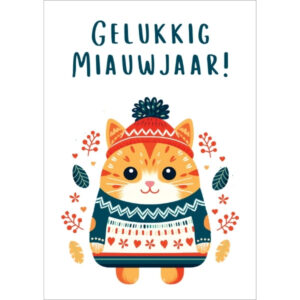 Getekende kerstkaart met een kat met een dikke trui, muts en de tekst 'gelukkig miauwjaar'.